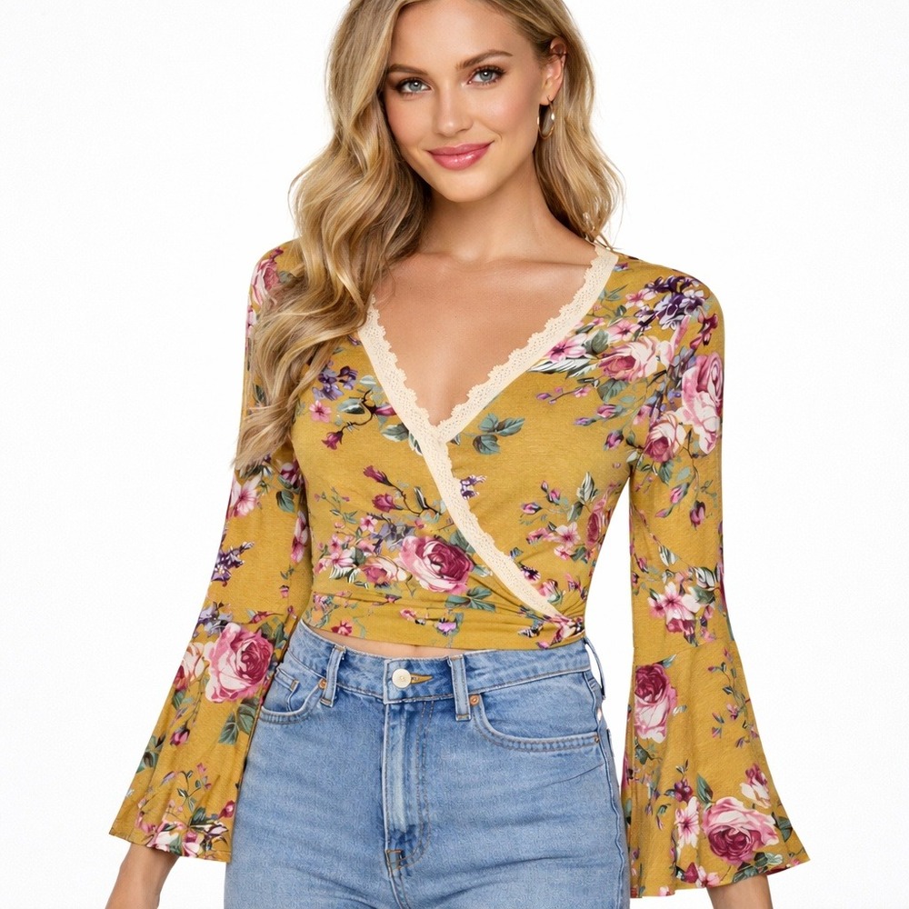 Free Kisses Mustard Floral Lace Trim Bell Sleeve Wrap Tie Back Top S XL Y2K Boho